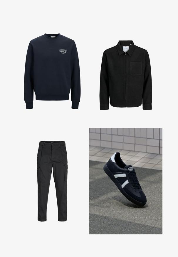 Mustaga lukuga jakker, millel on krae ja üks rinna-tasku, esitatud valgel taustal.; Tumesinine puuvilla segu sweatshirt, ümar kaeluse disain. Omab ribatud varruka- ja alumise äärtega, vasakul rinnal valge logo tekst.; Mustad mustapõlvik, mis on valmistatud tugeva koe kasutades, sisaldab mitmeid taskuid, nupule kinnitatav sulgemine ja kitsenev disain.; Must have musta sneaker musta valgete triipudega, tekstuurne kummitald ja nööridega esiosa. Omab bränditud märki keele peal.