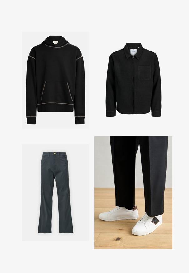 Zwarte zip-up jas met kraag en enkele borstzak, weergegeven op een witte achtergrond.; Zwarte hoodie met zichtbare witte stiksels, voorzijde met kangoeroezak en een label binnenin de capuchon met de tekst "REBEL."; Zwarte broek met een rechte pijp, gemaakt van een katoenmix. Voorzien van een metalen knoopsluiting en zijzakken. Geen zichtbare patronen.; Witte sneakers met een gladde textuur, voorzien van bruine lederen accenten en zwarte details, gecombineerd met zwarte maatpakken. Achtergrond van houten vloeren.