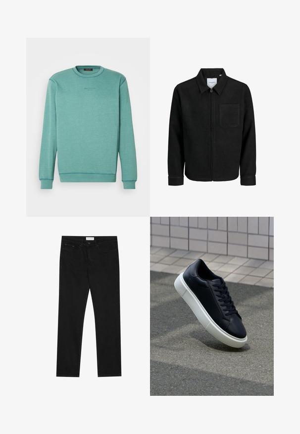 Giacca nera con zip, colletto e una tasca sul petto, mostrata su sfondo bianco.; Felpa leggera color teal con collo a giro, maniche lunghe e cuciture a contrasto. Presenta il testo "Wear The Code" in una stampa sottile.; Jeans neri a gamba dritta con design a cinque tasche, chiusura con bottone e zip, e etichetta del marchio Pier One sulla cintura.; Sneaker in pelle nera con punta arrotondata e suola in gomma bianca. Presenta lacci piatti e cuciture minime sulla parte superiore. Suola testurizzata per una migliore aderenza.