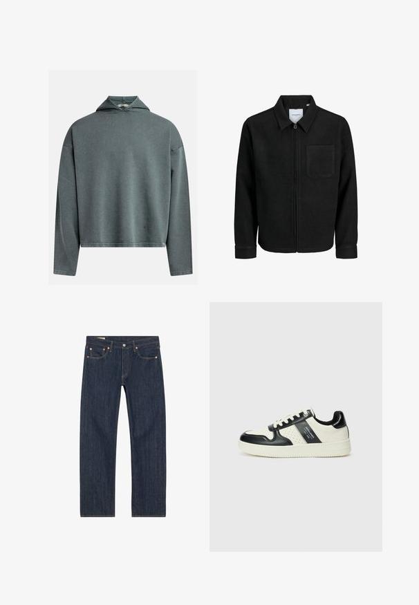 Schwarze Zip-Jacke mit Kragen und einer einzelnen Brusttasche, auf weißem Hintergrund präsentiert.; Grau-grüner, kurz geschnittener Hoodie aus strukturiertem Stoff, mit langen Ärmeln und einer dreieckigen Kapuze. Verfügt über einen genähten Saum und ein Etikett an der Seite.; Dunkelblaue Jeans aus Denim mit geradem Schnitt, versehen mit Kupferrivets, gelben Nähten und frontalen Taschen. Glatte Textur mit minimalen Designdetails.; Leder-Sneaker in Schwarz- und Cremetönen, mit perforierten Akzenten, einem gepolsterten Kragen und einer strukturierten Laufsohle.