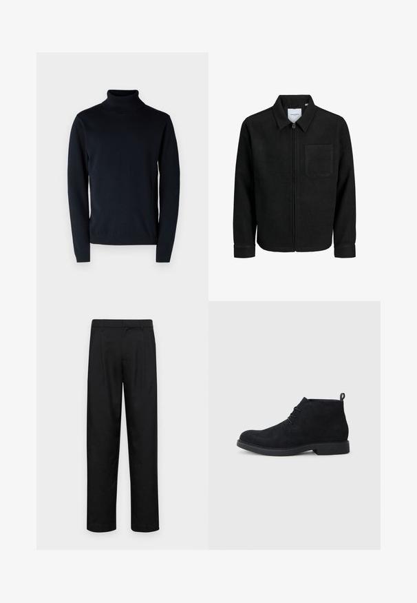 Black zip-up jacket with collar and single chest pocket, displayed on white background.; Dark navy turtleneck sweater made of soft, stretchy fabric. Features long sleeves and ribbed cuffs and hem. Simple, clean design.; Black trousers made of smooth fabric, featuring a straight-leg design, two front pleats, and standard waistband with belt loops.; Black suede ankle boots with a rounded toe, lace-up design, and a textured rubber sole. Features a small pull tab at the back.
