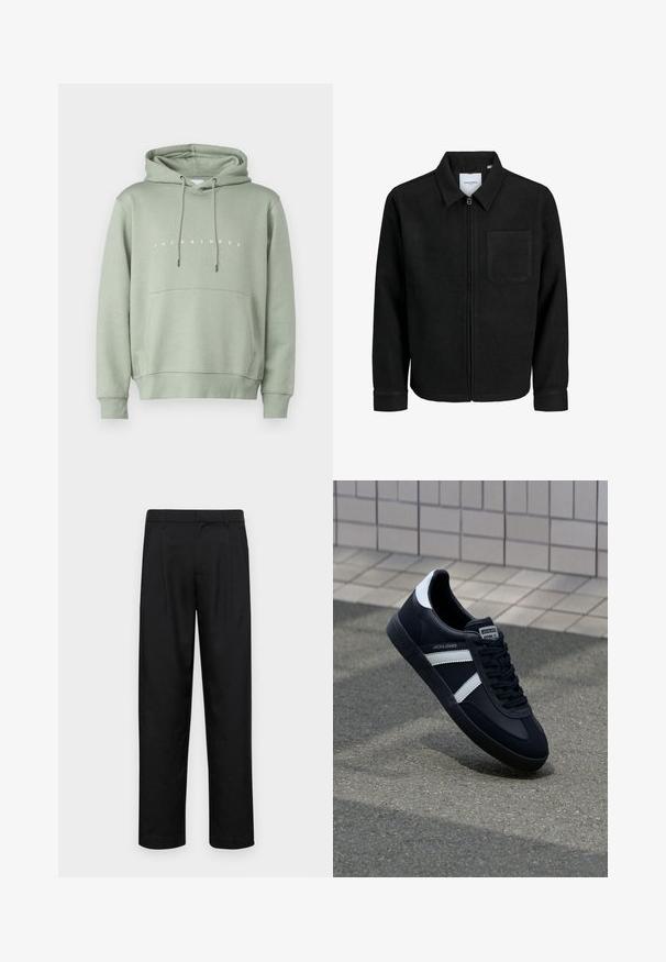 Giacca nera con zip, colletto e una tasca sul petto, mostrata su sfondo bianco.; Felpa verde chiaro con tasca frontale, cappuccio regolabile con cordino e logo bianco "JACK & JONES" sul petto. Tessuto morbido.; Pantaloni neri realizzati in tessuto liscio, caratterizzati da un taglio dritto, due pieghe frontali e una vita standard con passanti per la cintura.; Sneaker neri in pelle con strisce bianche, suola in gomma texturizzata e allacciatura frontale. Presenta un'etichetta con il marchio sulla linguetta.