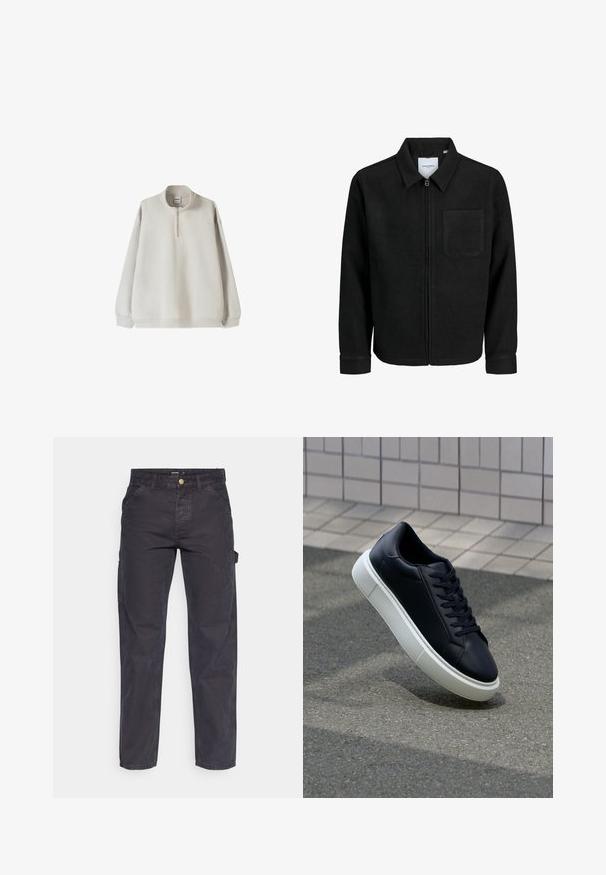 Svart zip-jacka med krage och en enda bröstficka, visad på vit bakgrund.; Ljusgrå sweatshirt med hög krage, halvdragkedja framtill och elastiska manchetter. Mjuk tyg och avslappnad passform.; Mörkgrå cargobyxor i slitstark tyg, med rak benform, fem fickor och knappstängning i midjan.; Svart lädersneaker med rundad tå och vit gummisula. Har platta snören och minimal sömnad på ovansidan. Texturerad sula för grepp.