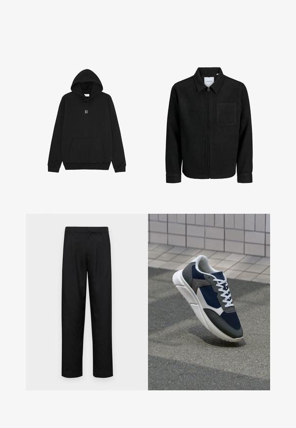 Mustaga lukuga jakker, millel on krae ja üks rinna-tasku, esitatud valgel taustal.; Musta kapuutsiga sviiter pehmest kangast, millel on stringiga kapuuts, eesmine kängurupocket ja väike "II" graafika rinnal.; Mustad mustadest riietest, millel on sirge jalgade disain, kaks eesmist voltimist ja tavaline vöökoht, millel on vöökohad.; Sneaker, mille sinine võrkkangas, hallid nubukdetailid, valge kummitald ja lamedad valged paelad, disainitud mugavuseks ja hingavuseks.