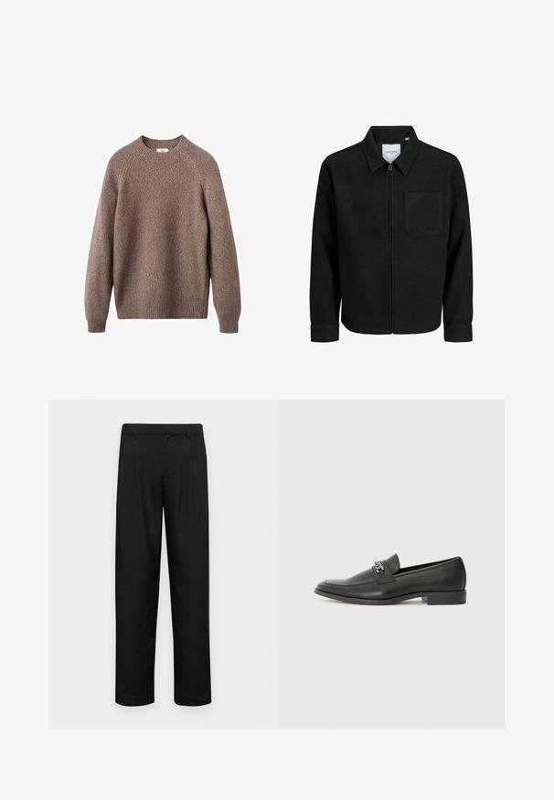 Jachetă neagră cu fermoar, cu guler și un singur buzunar pe piept, expusă pe fundal alb.; Pulover tricotat maro cu gât rotund, manșete și tiv cu benzi. Prezintă un model texturat și mâneci raglan fără cusături.; Pantaloni negri dintr-un material neted, cu un design drept, două pliuri frontale și un tiv standard cu bucle pentru curea.; Pantofii negri din piele cu un finisaj neted, având un design cusut și un accent decorativ de lanț metalic peste partea de sus. Toc plat.