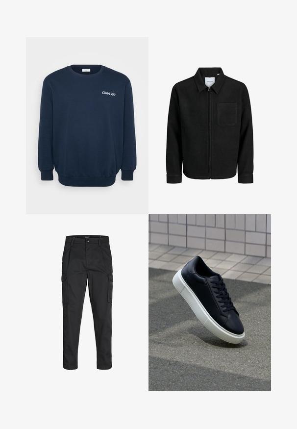 Veste zippée noire avec col et poche poitrine unique, présentée sur fond blanc.; Sweatshirt bleu marine à manches longues, col rond et poignets côtelés. Présente le logo "Club1990" en broderie blanche sur la poitrine.; Pantalons cargo noirs en tissu résistant, dotés de plusieurs poches, d'une fermeture par bouton et d'une coupe slim avec des jambes fuselées.; Baskets noires en cuir avec bout arrondi et semelle en caoutchouc blanc. Elles présentent des lacets plats et une couture minimale sur la tige. Semelle texturée pour une bonne adhérence.