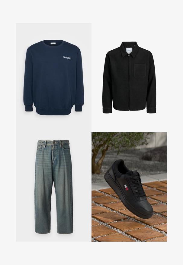 Giacca nera con zip, colletto e una tasca sul petto, mostrata su sfondo bianco.; Felpa blu navy con maniche lunghe, collo rotondo e polsini a costine. Presenta il logo "Club1990" ricamato in bianco sul petto.; Jeans di denim azzurro chiaro con vestibilità ampia, vita media e gambe dritte. Presenta cinque tasche, passanti per cintura e chiusura con bottone.; Sneaker in pelle nera con puntale perforato e accenti testurizzati. Presenta un piccolo logo rosso, bianco e blu sul lato.