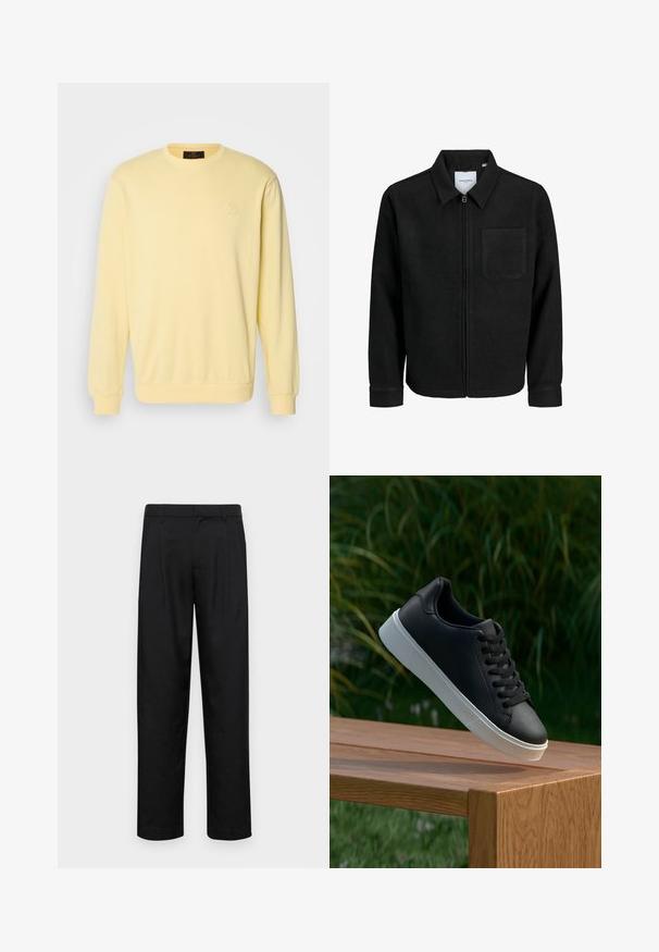 Melna jaka ar rāvējslēdzēju un apkakli, vienu krūšu kabatu, parādīta uz baltas fona.; Dzeltena džemperis ar garām piedurknēm, apaļu kakla izgriezumu un smalku izcelts logo uz krūšu daļas. Mīksta auduma ar gludu tekstūru.; Melnas bikses, izgatavotas no gludas auduma, ar taisnu kāju dizainu, divām priekšējām krokām un standarta jostu, kurai ir āķi.; Melnās ādas sporta apavi ar gludu tekstūru, baltu gumijas zoli un sešiem caurumiem šņorešanai, novietoti uz koka virsmas.