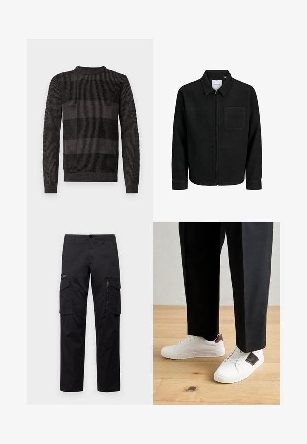 Schwarze Zip-Jacke mit Kragen und einer einzelnen Brusttasche, auf weißem Hintergrund präsentiert.; Strickpullover mit langen Ärmeln, rundem Ausschnitt und strukturiertem dunkelgrau-schwarzem Streifenmuster. Rippbündchen und Saumdetails.; Schwarze Cargo-Hosen mit mehreren Taschen, einer Reißverschlusstasche am Oberschenkel, geradem Schnitt und strapazierfähigem Baumwollstoff mit leichtem Glanz.; Weiße Sneakers mit glatter Textur, versehen mit braunen Lederakzenten und schwarzen Details, kombiniert mit schwarzen maßgeschneiderten Hosen. Hintergrund aus Holzboden.