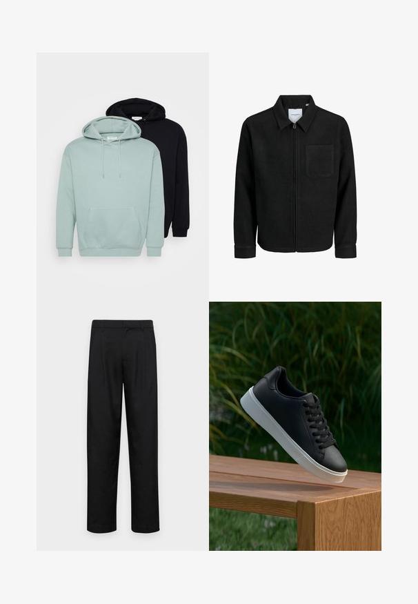 Sort lynlåsjakke med krave og en enkelt brystlomme, vist på hvid baggrund.; Sæt med to hættetrøjer: en i lys mintgrøn og en sort. Begge har justerbare snore, en frontlomme og ribbede håndled og kant.; Sorte bukser lavet af glat stof, med et lige ben-design, to frontfolder og en standard talje med bæltestropper.; Sort lædersneaker med en glat overflade, hvid gummisål og seks øjer til snørebånd, præsenteret på en træoverflade.