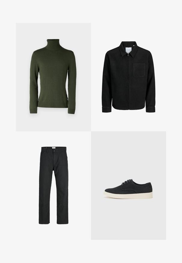 Černá zipová bunda s límečkem a jednou kapsou na hrudi, vystavená na bílém pozadí.; Zelený rolák vyrobený z měkké látky, má dlouhé rukávy, slim fit střih a žebrované manžety a lem, s bočními rozparky.; Černé kalhoty vyrobené z odolné tkaniny, s rovnými nohavicemi, šitými akcenty a dvěma předními kapsami pro praktičnost.; Černé semišové šněrovací boty s kulatou špičkou, lehkou krémovou podrážkou a jemným modrým prošíváním na svršku.