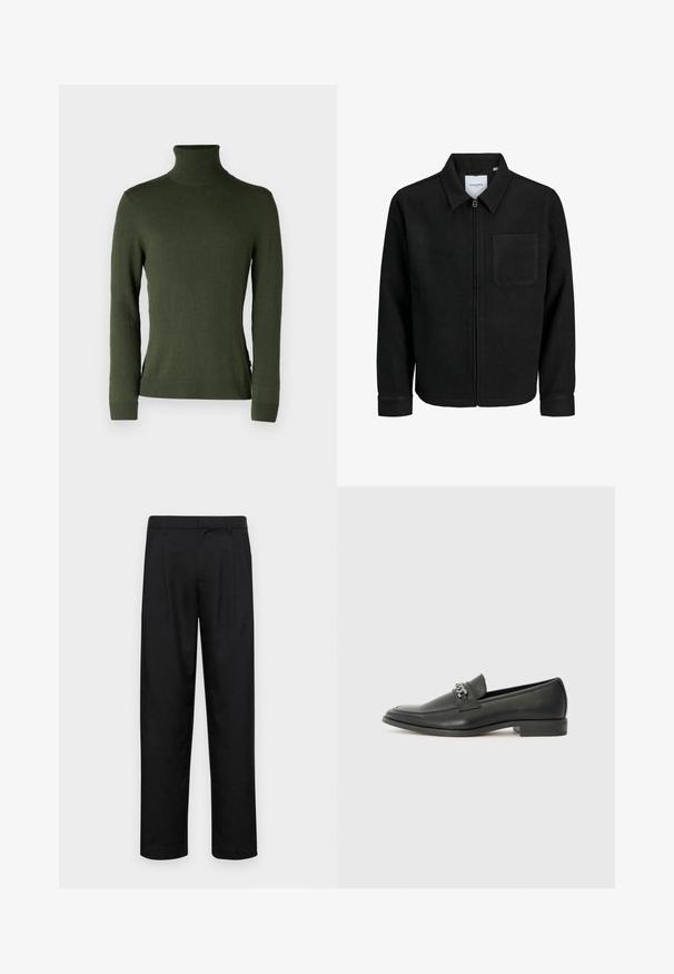 Mustaga lukuga jakker, millel on krae ja üks rinna-tasku, esitatud valgel taustal.; Roheline kõrge kaelusega sviiter, mis on valmistatud pehmest kangast, on pika varrukaga, kitsas lõige ja ribatud mansetid ning ääred, külgedel on lõhikud.; Mustad mustadest riietest, millel on sirge jalgade disain, kaks eesmist voltimist ja tavaline vöökoht, millel on vöökohad.; Must haveate nahkking punased, millel on sile viimistlus, tikitud muster ja dekoratiivne metallkett vampi üle. Tasane konts.