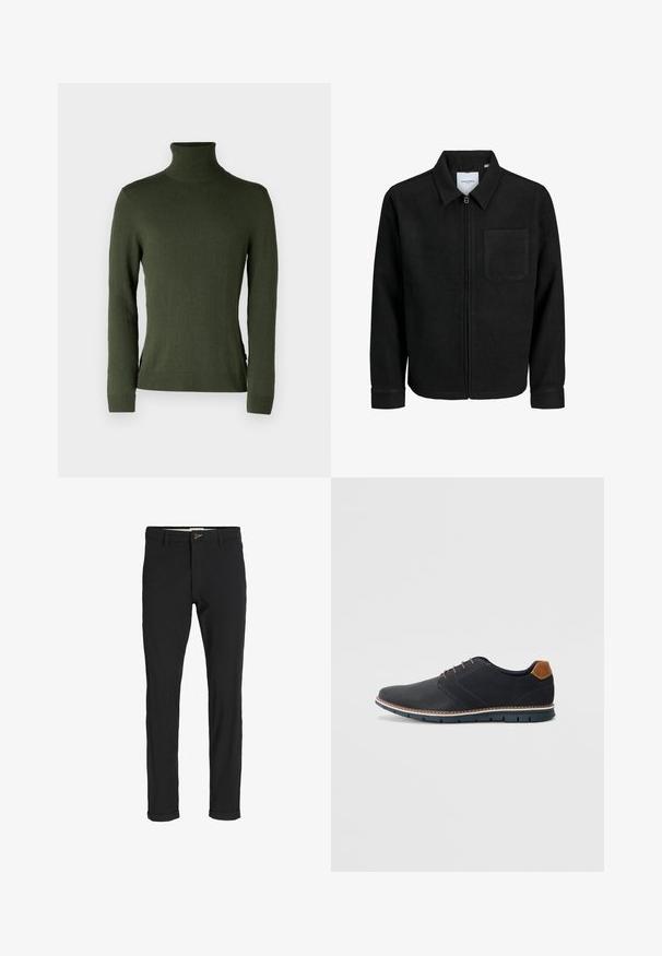 Black zip-up jacket with collar and single chest pocket, displayed on white background.; Green turtleneck sweater, made of soft fabric, features long sleeves, a slim fit, and ribbed cuffs and hem, with side slit detailing.; Black cotton blend pants with a slim fit, featuring a button closure, pockets, and rolled cuffs for a casual finish.; Black synthetic shoes with a textured upper, smooth accents, brown heel, and a contrasting sole. Features minimal lacing and stitch details.