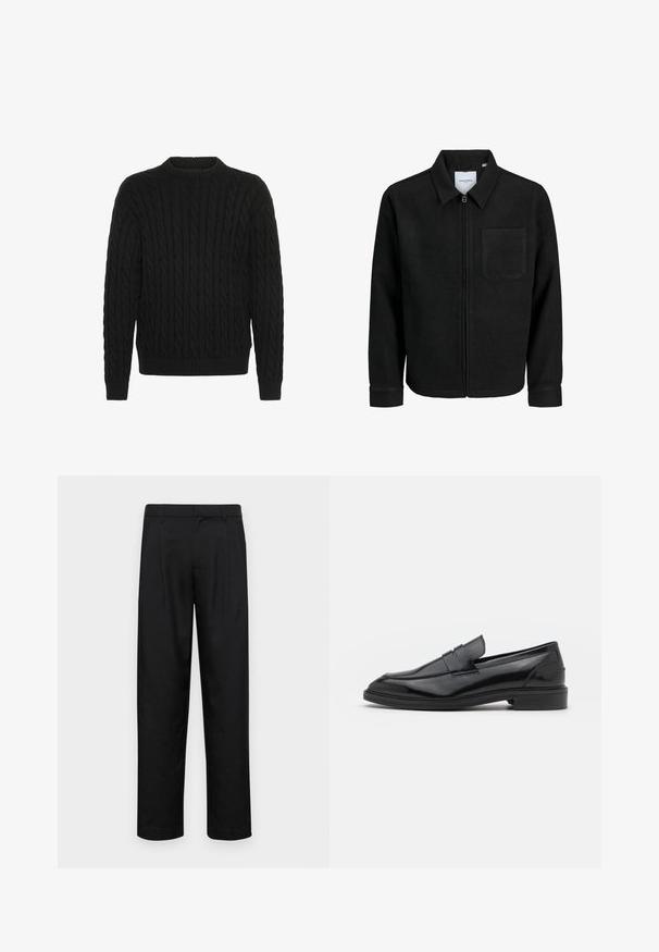 Schwarze Zip-Jacke mit Kragen und einer einzelnen Brusttasche, auf weißem Hintergrund präsentiert.; Solid SDMALCOLM - Strickpullover - true black; Schwarze Hose aus glattem Stoff, mit geradem Bein Design, zwei vorderen Falten und einem Standardbund mit Gürtelschlaufen.; Schwarze Lederloafers mit glatter Oberfläche, runder Spitze und schmalem Riemen über dem Obermaterial. Niedriger, gestapelter Absatz.