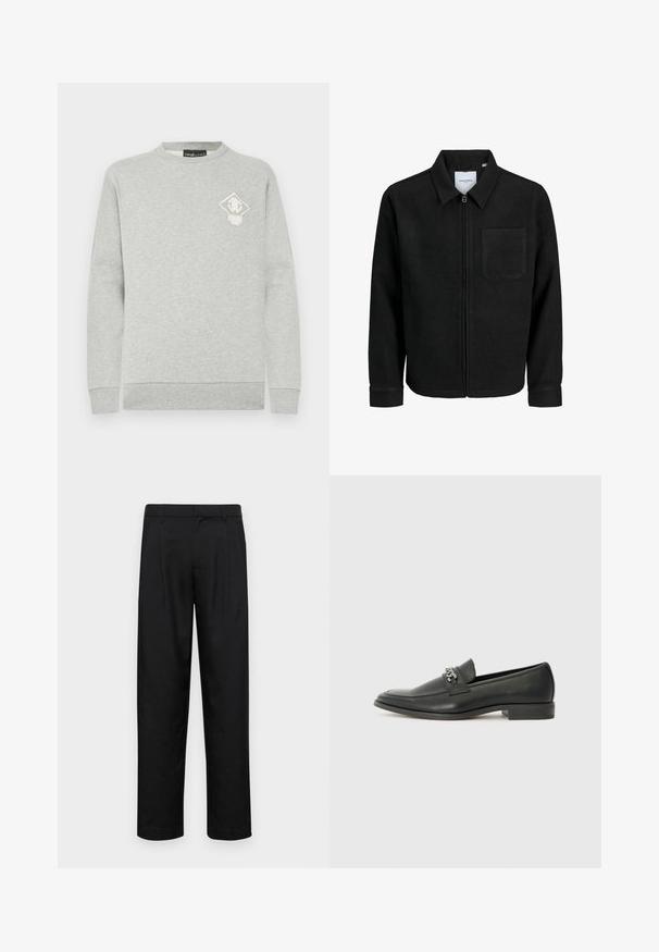 Melna jaka ar rāvējslēdzēju un apkakli, vienu krūšu kabatu, parādīta uz baltas fona.; Pelēks džemperis ar garām piedurknēm, apaļu kakla izgriezumu un ribots apakšmala. Krūtīs mazs balts un zelta dimanta formas logotips. Mīksta tekstūra.; Melnas bikses, izgatavotas no gludas auduma, ar taisnu kāju dizainu, divām priekšējām krokām un standarta jostu, kurai ir āķi.; Melna ādas loafer izmēra apavi ar gludu virsmu, piedāvā ar šūtu dizainu un dekoratīvu metāla ķēdes akcentu pār vampu. Plakana papēža daļa.
