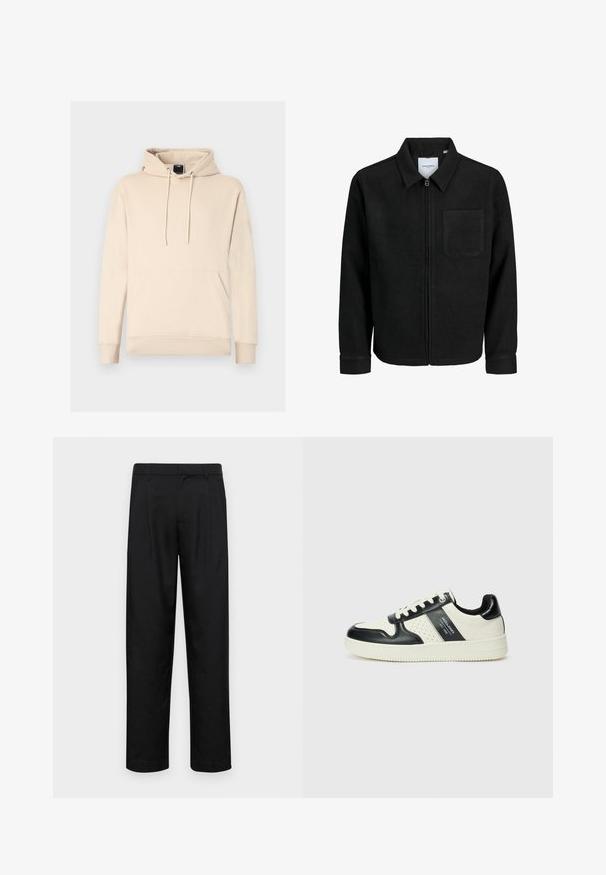 Melna jaka ar rāvējslēdzēju un apkakli, vienu krūšu kabatu, parādīta uz baltas fona.; Bezs krāsas kapuces džemperis, izgatavots no mīksta kokvilnas maisījuma, ar priekšējo kangaroo kabatu un auklām pie kakla. Ribotie aproces un apakša.; Melnas bikses, izgatavotas no gludas auduma, ar taisnu kāju dizainu, divām priekšējām krokām un standarta jostu, kurai ir āķi.; Ādas sporta apavi ar melnbaltu krāsu shēmu, ar perforētiem akcentiem, mīkstinātu apkakli un teksturētu zoli.