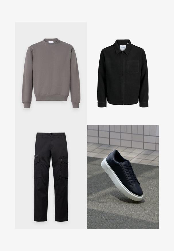 Zwarte zip-up jas met kraag en enkele borstzak, weergegeven op een witte achtergrond.; Grijze sweatshirt met een ronde hals, ribgebreide mouwen en onderkant. Gemaakt van zachte stof, met een eenvoudige, gladde textuur en zonder patronen.; Zwarte cargobroek met meerdere zakken, een ritszak op de dij, rechte pasvorm en stevige katoen met een subtiele glans.; Zwarte leren sneaker met een ronde neus en een witte rubberen zool. Voorzien van platte veters en minimale stiksels op het bovenwerk. Textuurrijke zool voor grip.