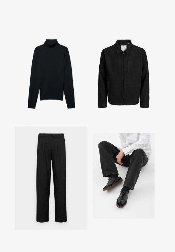 Schwarze Zip-Jacke mit Kragen und einer einzelnen Brusttasche, auf weißem Hintergrund präsentiert.; Schwarzer Rollkragenpullover aus weichem Strickmaterial. Verfügt über einen taillierten Kragen, lange Ärmel und eine glatte Textur ohne Muster.; Schwarze Hose aus glattem Stoff, mit geradem Bein Design, zwei vorderen Falten und einem Standardbund mit Gürtelschlaufen.; Schwarze Sneakers mit einer glatten und strukturierten Oberfläche, ausgestattet mit einer Gummisohle und dunklen Schnürsenkeln. Kombiniert mit schwarzen Jeans und einem gestreiften weißen Hemd.