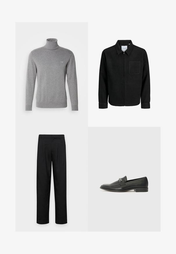 Mustaga lukuga jakker, millel on krae ja üks rinna-tasku, esitatud valgel taustal.; GANT CLASSIC ROLLERNECK - Džemper - dark grey melange; Mustad mustadest riietest, millel on sirge jalgade disain, kaks eesmist voltimist ja tavaline vöökoht, millel on vöökohad.; Must haveate nahkking punased, millel on sile viimistlus, tikitud muster ja dekoratiivne metallkett vampi üle. Tasane konts.