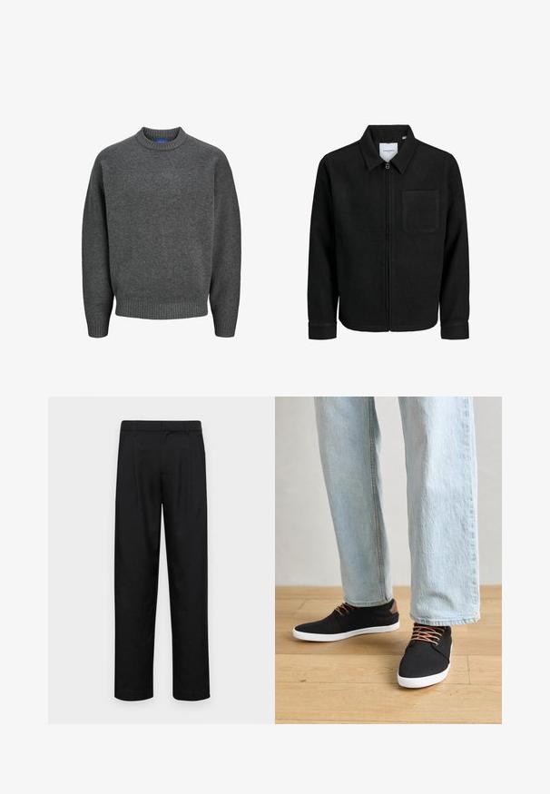 Melna jaka ar rāvējslēdzēju un apkakli, vienu krūšu kabatu, parādīta uz baltas fona.; Jack & Jones JOROLLIE CREW NECK - Džemperis - iron gate; Melnas bikses, izgatavotas no gludas auduma, ar taisnu kāju dizainu, divām priekšējām krokām un standarta jostu, kurai ir āķi.; Melnas auduma čības ar brūniem akcentiem, baltām gumijas zolēm un brūnām šņorēm, kombinētas ar gaiši ziliem taisnajiem džinsiem. Koka grīdas fons.