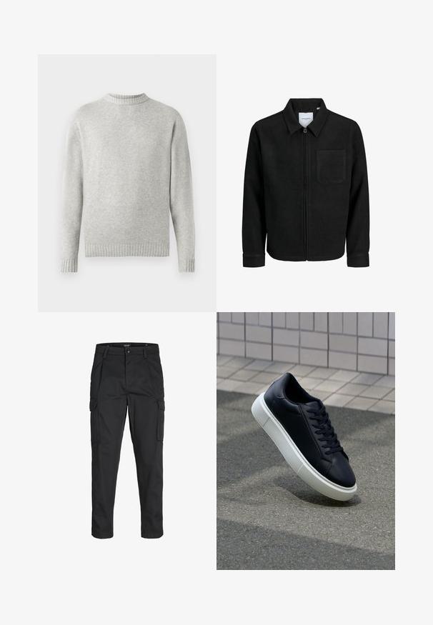 Giacca nera con zip, colletto e una tasca sul petto, mostrata su sfondo bianco.; Maglione grigio chiaro realizzato in tessuto morbido, con collo rotondo a coste e polsini e orlo a coste. Design minimalista, maniche lunghe.; Pantaloni cargo neri realizzati in un tessuto resistente, dotati di molteplici tasche, chiusura con bottone e un design aderente con gambe affusolate.; Sneaker in pelle nera con punta arrotondata e suola in gomma bianca. Presenta lacci piatti e cuciture minime sulla parte superiore. Suola testurizzata per una migliore aderenza.