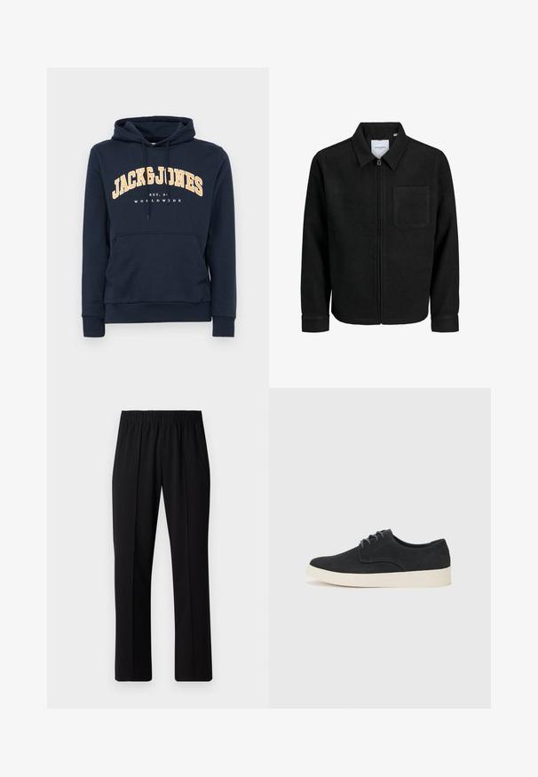 Black zip-up jacket with collar and single chest pocket, displayed on white background.; Navy blue hoodie with a front pouch pocket, drawstring hood, and white logo text "JACK & JONES" in yellow arching across the chest.; Black, elastic-waist trousers with a straight-leg design, featuring a smooth texture and no visible patterns or hardware.; Black suede lace-up shoe with a rounded toe, lightweight cream sole, and subtle blue stitching accents on the upper.