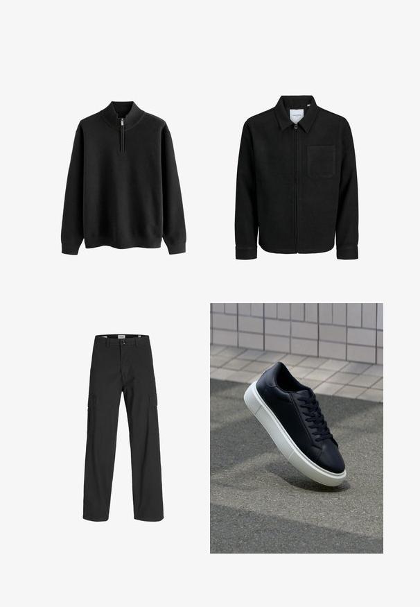 Jachetă neagră cu fermoar, cu guler și un singur buzunar pe piept, expusă pe fundal alb.; Sweater negru, cu guler cu fermoar, textură tip waffle și mâneci lungi; prezintă mansete și tiv ribbtate.; Pantaloni cargo negri cu o croială lejeră, fabricați din bumbac. Prezintă două buzunare laterale și închidere cu nasture, concepuți pentru funcționalitate și confort.; Tenis cu piele neagră, cu vârful rotund și talpă din cauciuc alb. Are șireturi plate și cusături minime pe suprafață. Tălpile texturate oferă aderență.