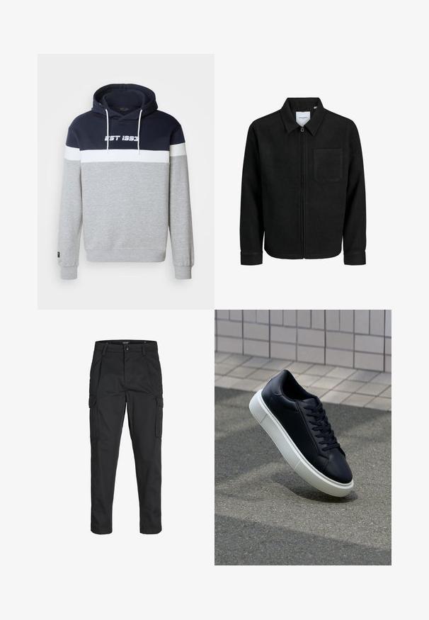 Giacca nera con zip, colletto e una tasca sul petto, mostrata su sfondo bianco.; Felpa con cappuccio caratterizzata da un corpo grigio, un pannello superiore blu navy e una striscia orizzontale bianca con la scritta "EST 1993" stampata in bianco. Materiale misto cotone.; Pantaloni cargo neri realizzati in un tessuto resistente, dotati di molteplici tasche, chiusura con bottone e un design aderente con gambe affusolate.; Sneaker in pelle nera con punta arrotondata e suola in gomma bianca. Presenta lacci piatti e cuciture minime sulla parte superiore. Suola testurizzata per una migliore aderenza.