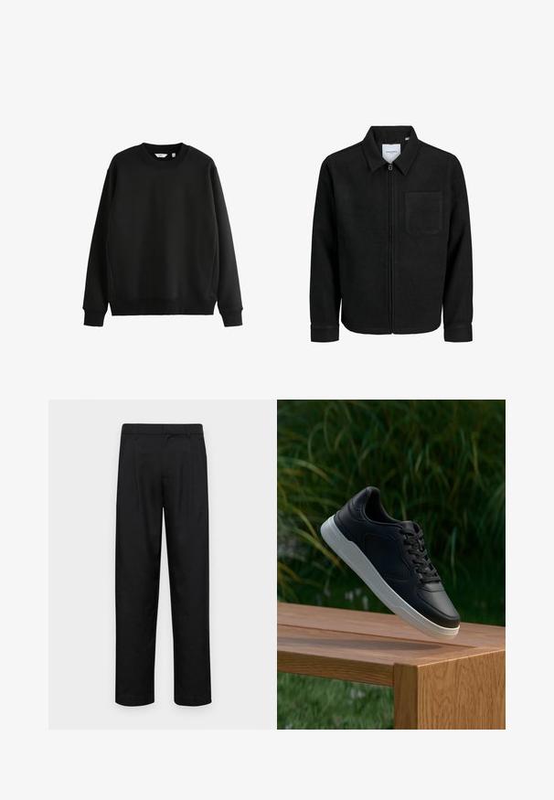 Svart zip-jacka med krage och en enda bröstficka, visad på vit bakgrund.; Svart sweatshirt i slätt tyg med rundad halsringning och ribbade muddar. Har en rak nederkant och en minimalistisk design.; Svarta byxor i slät väv, med rak ben-design, två framfickor och standardmidja med bälteshällor.; Svart sneaker med vit sula hängande över en träbänk, grön växtlighet i den suddiga bakgrunden.