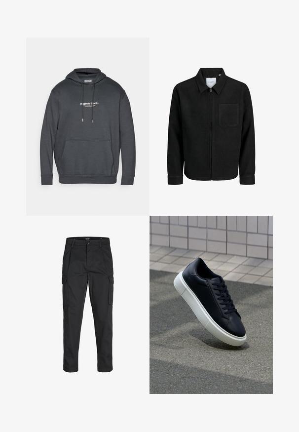 Black zip-up jacket with collar and single chest pocket, displayed on white background.; Dark gray hoodie made of soft fabric. Features a drawstring hood, front kangaroo pocket, and white text logo on the chest.; Black cargo pants made of sturdy fabric, featuring multiple pockets, a button closure, and a slim fit design with tapered legs.; Black leather sneaker with rounded toe and white rubber sole. Features flat laces and minimal stitching on the upper. Textured sole for grip.