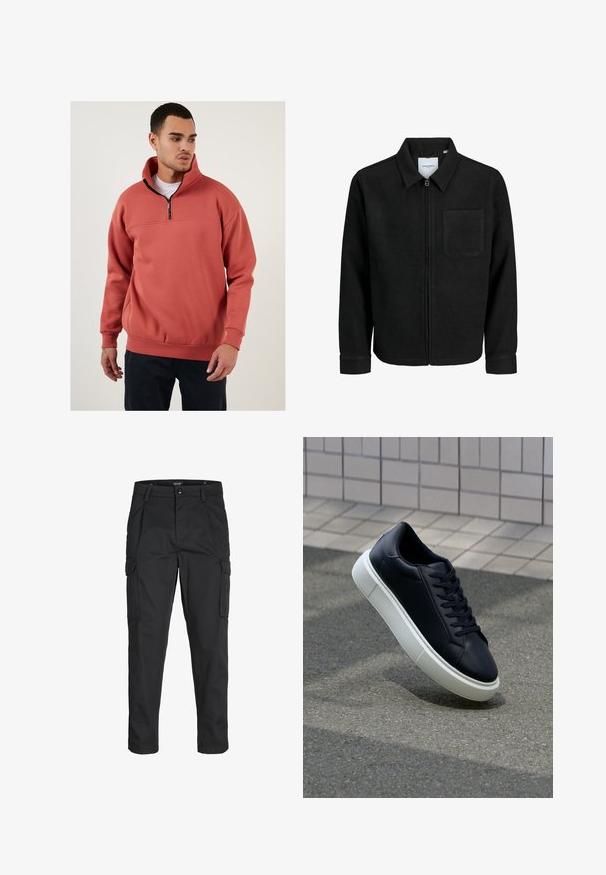 Črna jakna z zadrgo in ovratnikom ter enim žepom na prsih, prikazana na beli podlagi.; Flis pulover v koralni barvi s četrtinskim zadrgo. Ima horizontalno šiv na prsih in rebraste manšete. Mehka tekstura.; Črne cargo hlače iz trdnega blaga, ki imajo več žepov, gumbasto zapiranje in ozek kroj z zožanimi nogami.; Črne usnjene superge z zaobljenim prstom in belim gumijastim podplat. Imajo ravne vezalke in minimalno šivanje na zgornjem delu. Teksturirani podplat za oprijem.