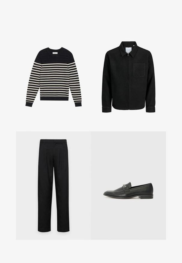 Zwarte zip-up jas met kraag en enkele borstzak, weergegeven op een witte achtergrond.; Marineblauw en crèmekleurig gestreepte gebreide trui met een ronde hals, lange mouwen en geribde manchetten en zoom. Gladde textuur met horizontale strepen.; Zwarte broeken van gladde stof, met een recht model, twee voorknikken en een standaard tailleband met riemlussen.; Zwarte leren instapper met een gladde afwerking, voorzien van een gestikt ontwerp en een decoratieve metalen kettingaccent over de wreef. Platte hak.
