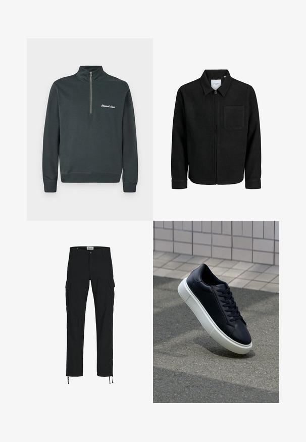 Giacca nera con zip, colletto e una tasca sul petto, mostrata su sfondo bianco.; Felpa grigia scura con colletto alto e mezza zip. Presenta un testo ricamato bianco che dice "Originals Studio" sul lato sinistro del petto.; Pantaloni cargo neri con taglio dritto, dotati di tasche laterali, chiusura con bottone e coulisse elastiche alle caviglie. Realizzati in tessuto resistente.; Sneaker in pelle nera con punta arrotondata e suola in gomma bianca. Presenta lacci piatti e cuciture minime sulla parte superiore. Suola testurizzata per una migliore aderenza.