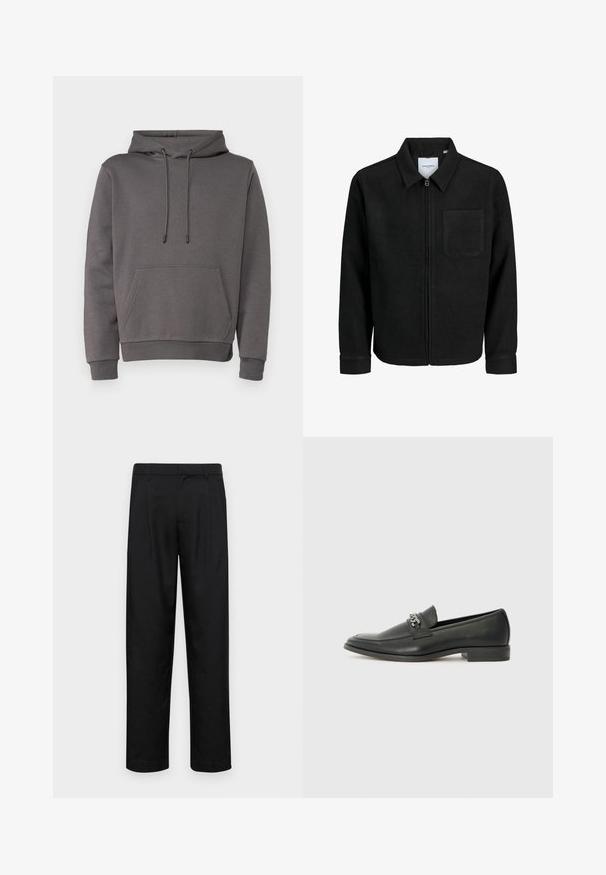 Giacca nera con zip, colletto e una tasca sul petto, mostrata su sfondo bianco.; Felpa grigia realizzata in materiale morbido, con tasca a marsupio, cappuccio con cordino regolabile e polsini e orlo a coste.; Pantaloni neri realizzati in tessuto liscio, caratterizzati da un taglio dritto, due pieghe frontali e una vita standard con passanti per la cintura.; Mocassino in pelle nera con finitura liscia, caratterizzato da un design cucito e da un accento decorativo in catena metallica sul vamp. Tacco piatto.