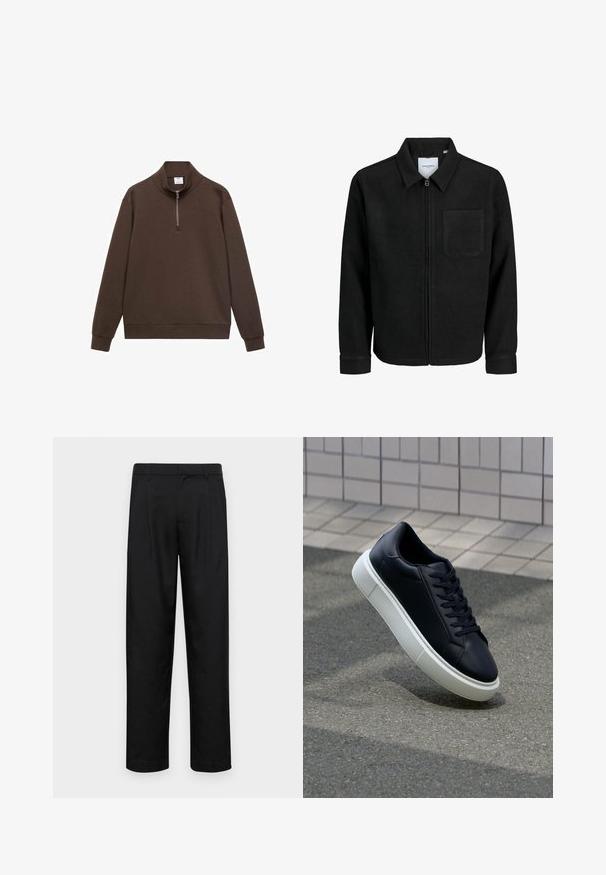 Giacca nera con zip, colletto e una tasca sul petto, mostrata su sfondo bianco.; Felpa marrone con colletto alto e zip a un quarto. Realizzata in materiale morbido, presenta maniche lunghe e una vestibilità comoda.; Pantaloni neri realizzati in tessuto liscio, caratterizzati da un taglio dritto, due pieghe frontali e una vita standard con passanti per la cintura.; Sneaker in pelle nera con punta arrotondata e suola in gomma bianca. Presenta lacci piatti e cuciture minime sulla parte superiore. Suola testurizzata per una migliore aderenza.
