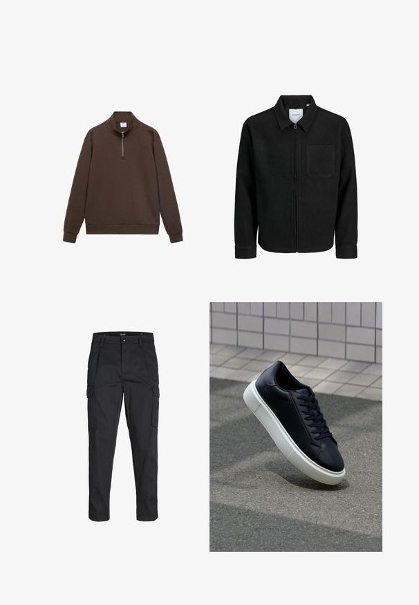 Črna jakna z zadrgo in ovratnikom ter enim žepom na prsih, prikazana na beli podlagi.; Rjav pulover s kapuco in četrtnim zadrgo. Narejen iz mehkega materiala, ima dolge rokave in sproščen kroj.; Črne cargo hlače iz trdnega blaga, ki imajo več žepov, gumbasto zapiranje in ozek kroj z zožanimi nogami.; Črne usnjene superge z zaobljenim prstom in belim gumijastim podplat. Imajo ravne vezalke in minimalno šivanje na zgornjem delu. Teksturirani podplat za oprijem.