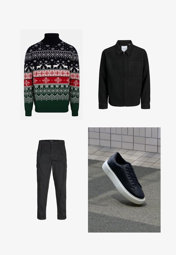 Schwarze Zip-Jacke mit Kragen und einer einzelnen Brusttasche, auf weißem Hintergrund präsentiert.; Mehrfarbiger Strickpullover mit Rollkragen. Mit geometrischen Mustern und Rentiermotiven in den Farben Marineblau, Grün, Rot und Weiß.; Schwarze Cargo-Hose aus robustem Material, mit mehreren Taschen, einem Knopfverschluss und einem Slim-Fit-Design mit schmal zulaufenden Beinen.; Schwarze Leder-Sneaker mit runder Zehenpartie und weißer Gummisohle. Verfügt über flache Schnürsenkel und minimale Nähte im Obermaterial. Strukturiertes Sohlenprofil für besseren Halt.