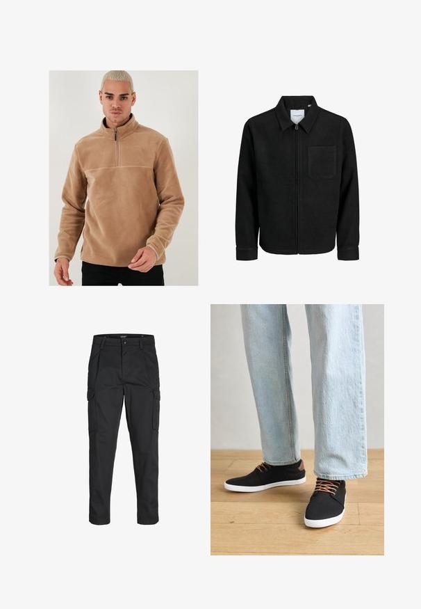 Juodas džemperis su užtrauktuku, apykakle ir vienu krūtiniu kišenėje, pristatytas baltame fone.; Smėlio spalvos pūkinis megztinis su pusiau užtrauktuku ir ilgomis rankovėmis. Jis pasižymi lygiu paviršiumi ir vientisa spalva be raštų ar akcentų.; Juodi krovinių tipo džinsai, pagaminti iš tvirto audinio, su keliais kišeniais, mygtuko uždarymu ir siauru, prigludusiu dizainu su siaurėjančiomis kojomis.; Juodi drobės sportbačiai su rudos spalvos akcentais, baltais gumos padu, rudi raišteliai, derinami su šviesiai mėlynomis tiesiomis džinsinėmis kelnėmis. Medinis grindų fonas.