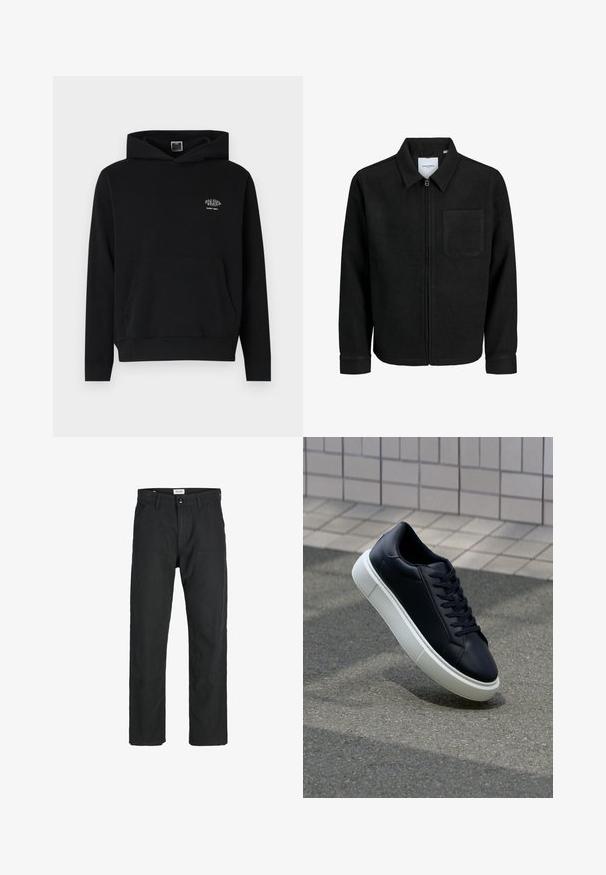 Melna jaka ar rāvējslēdzēju un apkakli, vienu krūšu kabatu, parādīta uz baltas fona.; Melnā kapuce, kas izgatavota no mīksta auduma, ar priekšējo kabatu un auklu kapuces regulēšanai. Iekļauj nelielu baltu logotipu uz krūtīm.; Melnas bikses no izturīga auduma, ar taisna griezuma dizainu, izšūtām akcentiem un divām priekšējām kabatām funkcionālitātei.; Melnas ādas kedas ar noapaļotu pirkstu un baltu gumijas zoli. Iespējas - plakanas šņorītes un minimāla apdare augšdaļā. Struktūrēta zole, lai nodrošinātu saķeri.