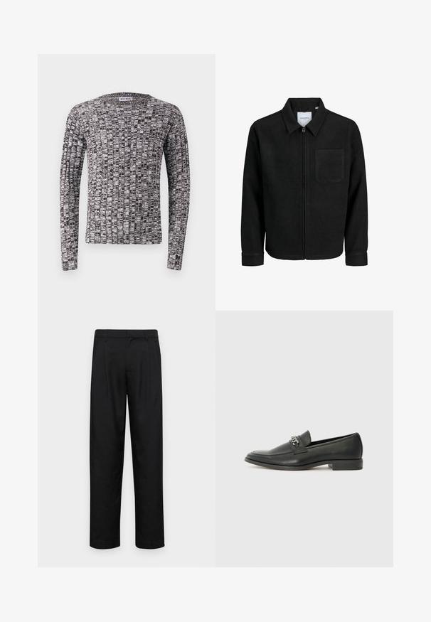 Čierna zipsová bunda s golierom a jednou náprsníkou, vystavená na bielom pozadí.; Pletený sveter s dlhým rukávom, ktorý sa vyznačuje textúrovaným čiernobielym vzorom. Okrúhly výstrih a priliehavé manžety. Materiál vyzerá mäkko a ľahko.; Čierne nohavice vyrobené z hladkej tkaniny, s rovnými nohavicami, dvoma prednými skladmi a štandardným pásom s pútkami na opasok.; Čierne kožené loafers s hladkým povrchom, s prešitým dizajnom a dekoratívnym kovovým reťazovým akcentom cez priehlavok. Plochý podpätok.