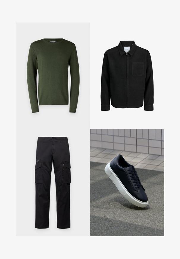 Giacca nera con zip, colletto e una tasca sul petto, mostrata su sfondo bianco.; Maglione leggero verde oliva con scollatura rotonda, maniche lunghe e polsini e orlo a coste. Tessuto liscio e design semplice.; Pantaloni cargo neri con multiple tasche, tasca con zip sulla coscia, vestibilità dritta e in resistente cotone con un leggero lucido.; Sneaker in pelle nera con punta arrotondata e suola in gomma bianca. Presenta lacci piatti e cuciture minime sulla parte superiore. Suola testurizzata per una migliore aderenza.