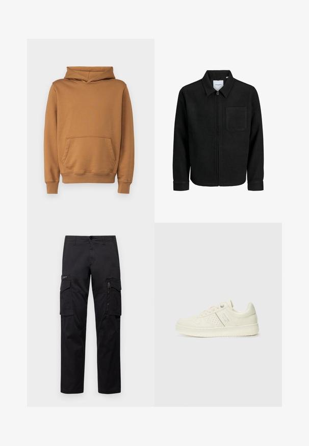 Melna jaka ar rāvējslēdzēju un apkakli, vienu krūšu kabatu, parādīta uz baltas fona.; Brūns kapučsnedrs ar priekšējo kabatu, ribotām piedurknēm un apakšmalu, kā arī aukliņu kapuci. Izgatavots no mīkstas, teksturētas auduma.; Melnas cargo bikses ar vairākiem kabatām, ar rāvējslēdzēju kabatu uz augšstilba, taisnu piegriezumu un izturīgu kokvilnas audumu ar vieglu spīdumu.; Krēmbaltie sporta apavi ar perforētu detaļām, auklām un logotipu sānos, attēloti uz vienkārša baltā fona.