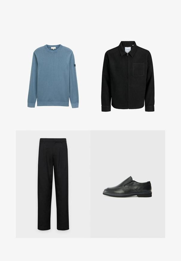 Jachetă neagră cu fermoar, cu guler și un singur buzunar pe piept, expusă pe fundal alb.; Pulover bleu cu guler rotund și mâneci lungi, realizat dintr-un material moale din bumbac, având guler și mansete cu nervuri și o etichetă logo discretă pe mânecă.; Pantaloni negri dintr-un material neted, cu un design drept, două pliuri frontale și un tiv standard cu bucle pentru curea.; Pantof de piele neagră, tip slip-on, cu un superior neted, accente cusute, vârf rotunjit și un toc jos din cauciuc. Talpa are un profil minim de aderență.