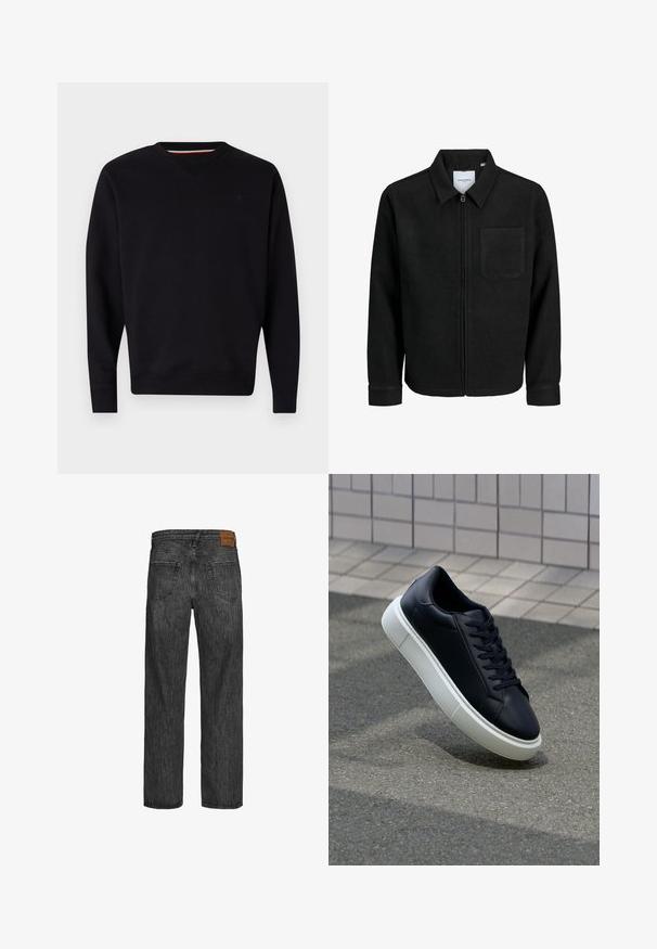 Fekete, zipzáros dzseki gallérral és egyetlen mellzsebbel, fehér háttéren.; Replay Melegítőfelső - black; Fekete farmernadrág, egyenes szárú dizájnnal, öt zsebes stílussal, és barna bőr folttal a deréknál. Texturált anyag, varrási részletekkel.; Fekete bőr sportcipő lekerekített orral és fehér gumitalppal. Lapos fűzőkkel és minimális varrásokkal rendelkezik a felsőrészén. Mintás talp a tapadásért.