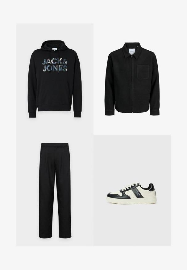 Schwarze Zip-Jacke mit Kragen und einer einzelnen Brusttasche, auf weißem Hintergrund präsentiert.; Schwarzer Hoodie mit Kapuze und Zugband. Auf der Vorderseite befindet sich ein großes, gemustertes "JACK & JONES"-Logo. Das Material wirkt weich und hat eine glatte Textur.; Schwarze Hose aus glattem Stoff, mit geradem Bein Design, zwei vorderen Falten und einem Standardbund mit Gürtelschlaufen.; Leder-Sneaker in Schwarz- und Cremetönen, mit perforierten Akzenten, einem gepolsterten Kragen und einer strukturierten Laufsohle.
