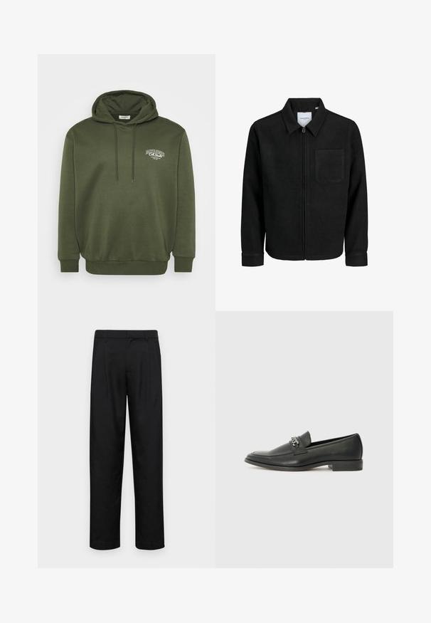Fekete, zipzáros dzseki gallérral és egyetlen mellzsebbel, fehér háttéren.; Olívazöld kapucnis pulóver pamut keverék anyagból, elülső kenguruzsebbel, húzózsinórral ellátott kapucnival és fehér logóhímzéssel a mellkason.; Fekete nadrág sima anyagból, egyenes szárú fazonnal, két elülső redővel és közönséges derékkal, övhurkokkal.; Fekete bőr loaferek sima felülettel, varrott mintával és díszítő fém lánccal a cipő elején. Lapos sarok.