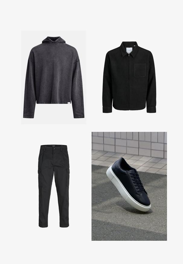 Čierna zipsová bunda s golierom a jednou náprsníkou, vystavená na bielom pozadí.; Čierna skrátená mikina s kapucňou z mäkkej, štruktúrovanej tkaniny. Má stiahnuteľnú kapucňu, dlhé rukávy a viditeľný šev pozdĺž okrajov.; Čierne cargo nohavice z odolnej látky, s viacerými vreckami, gombíkovým zapínaním a úzkym strihom so zúženými nohavicami.; Čierne kožené tenisky s okrúhlou špičkou a bielou gumovou podrážkou. Majú ploché šnúrky a minimálne šitie na vrchu. Textúrovaná podrážka pre lepšiu priľnavosť.