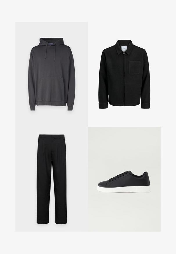 Zwarte zip-up jas met kraag en enkele borstzak, weergegeven op een witte achtergrond.; Grijze hoodie van zachte stof, met een voorzak in kangoeroe stijl, een capuchon met trekkoord en ribbels aan de mouwen en onderkant.; Zwarte broeken van gladde stof, met een recht model, twee voorknikken en een standaard tailleband met riemlussen.; Pier One Sneakers laag - black