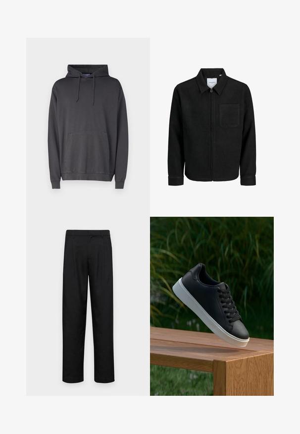 Juodas džemperis su užtrauktuku, apykakle ir vienu krūtiniu kišenėje, pristatytas baltame fone.; Pilkas pūkinis džemperis, pagamintas iš minkštos medžiagos, turintis priekinę kengūros kišenę, gobtuvą su raišteliais, ir sutrauktas rankovių bei apačios kraštas.; Juodi kelnių modeliai, pagaminti iš lygios medžiagos, turi tiesią kojas, du priekiniai klostės ir standartinę juosmenį su diržo kilpomis.; Juodas odinis sportbačių modelis su lygiu paviršiumi, baltu guminio pado ir šešiomis skylutėmis raišteliams, eksponuojamas ant medinės paviršiaus.