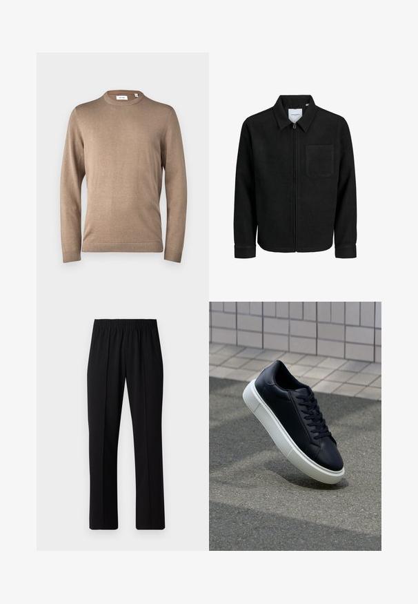 Veste zippée noire avec col et poche poitrine unique, présentée sur fond blanc.; Only & Sons ONSALEX CREW NECK - Pullover - desert taupe; Pantalons noirs à taille élastique avec une coupe droite, présentant une texture lisse et sans motifs ni éléments visibles.; Baskets noires en cuir avec bout arrondi et semelle en caoutchouc blanc. Elles présentent des lacets plats et une couture minimale sur la tige. Semelle texturée pour une bonne adhérence.